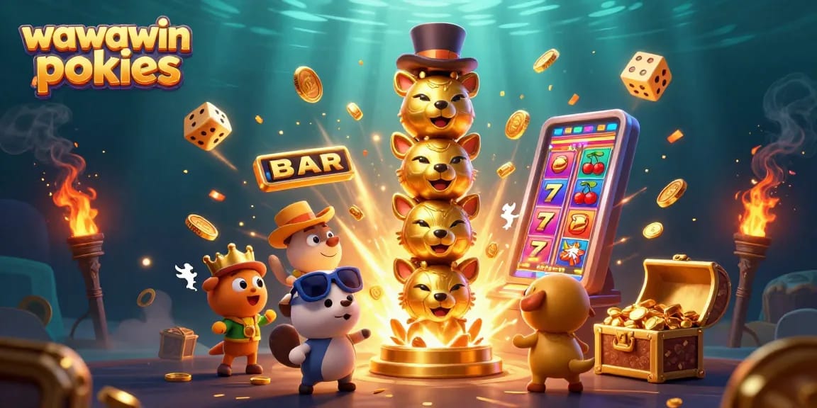 Win big with wawawin pokies in this vibrant 3D casino scene bursting with excitement.
