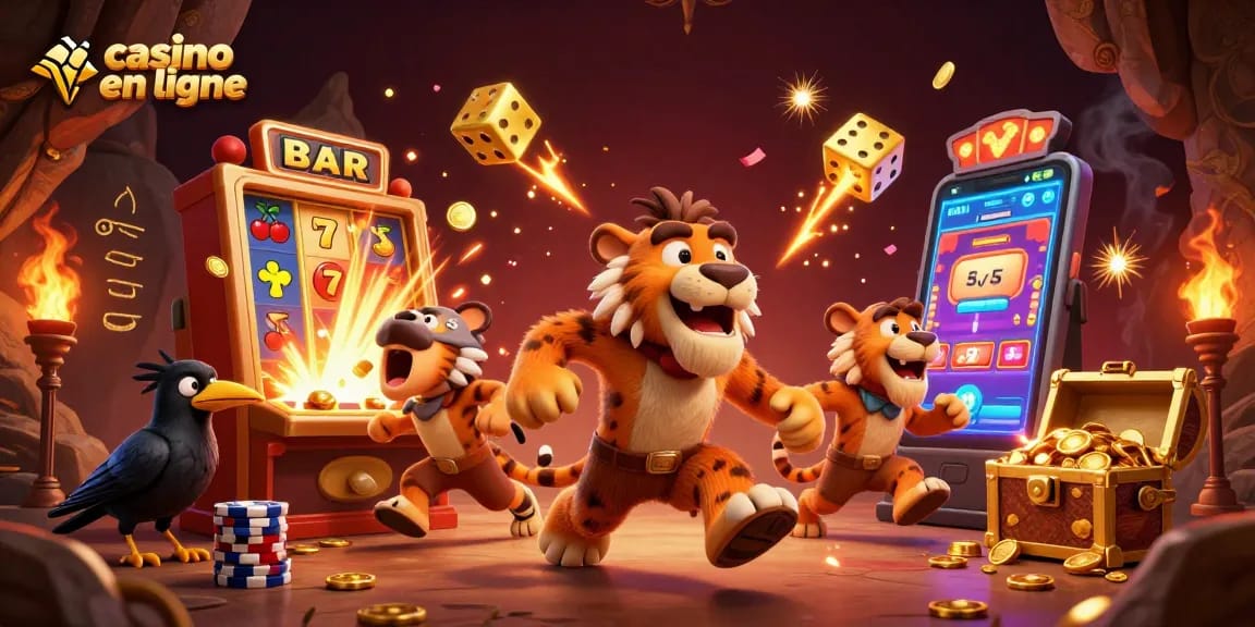 Jouez au casino en ligne avec des personnages intrigants dans un décor vibrant aux éléments dynamiques.
