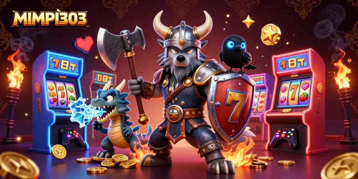 MIMPI303 Viking wolf warrior amid vibrant slot machines, showcasing dynamic casino elements.