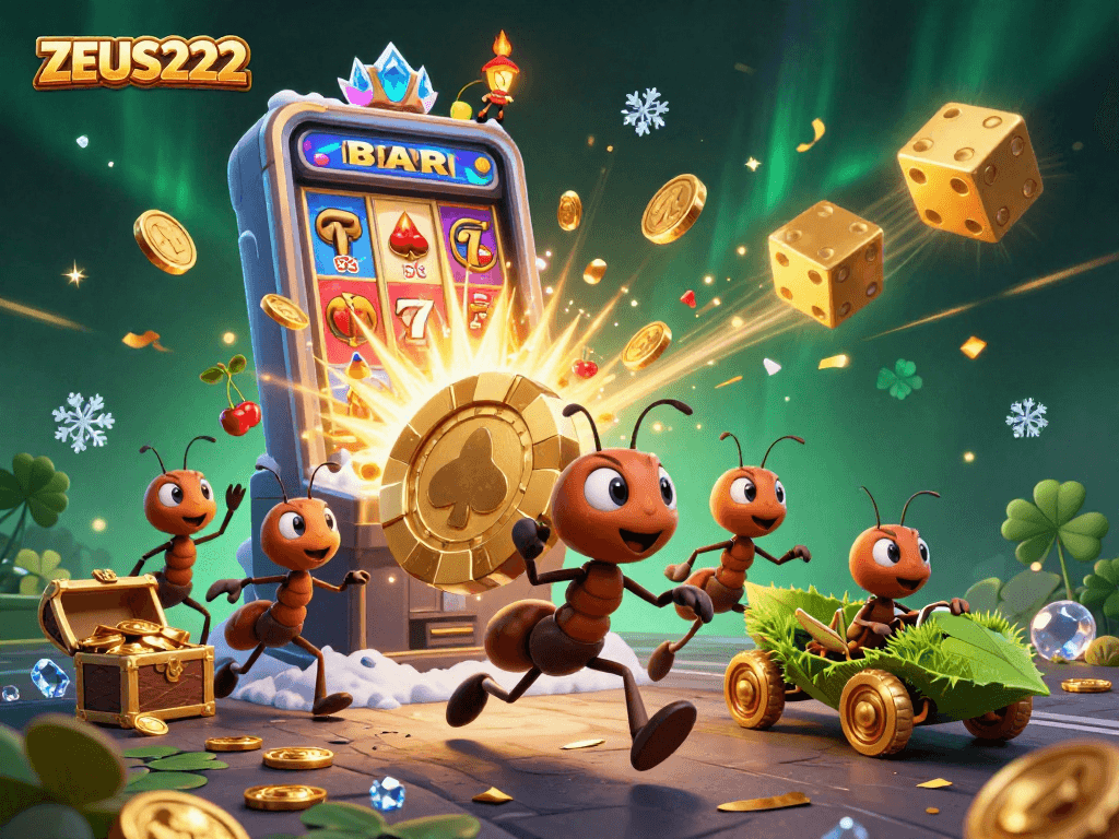 Experience the thrill of the ZEUS222 heist, with cartoon ants, golden chips, and casino excitement!