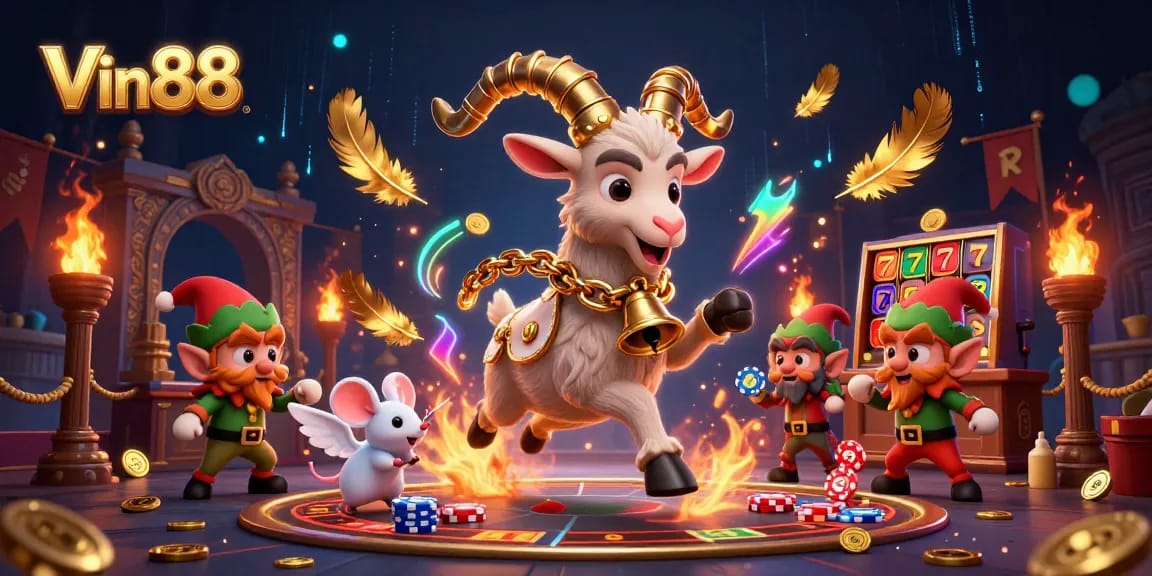 Experience thrilling gaming at Vin88 casino with a festive scene of characters in action.