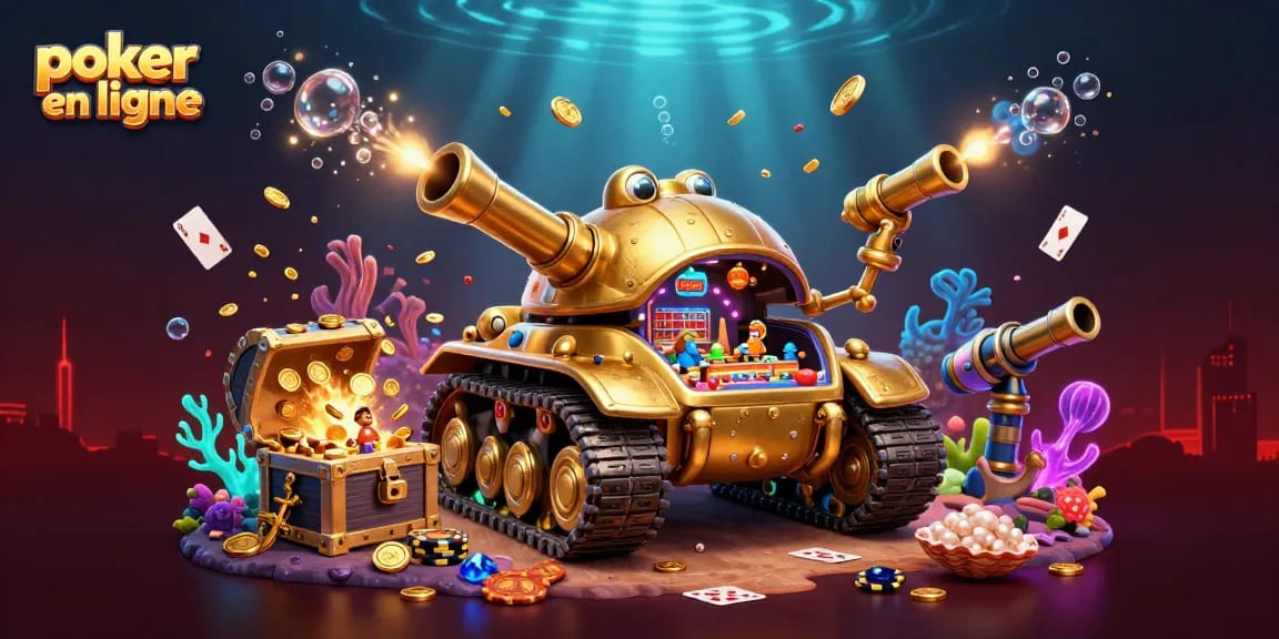 Jouez à poker en ligne dans un casino miniature sur un tank doré à l'intérieur, entouré de trésors sous-marins.