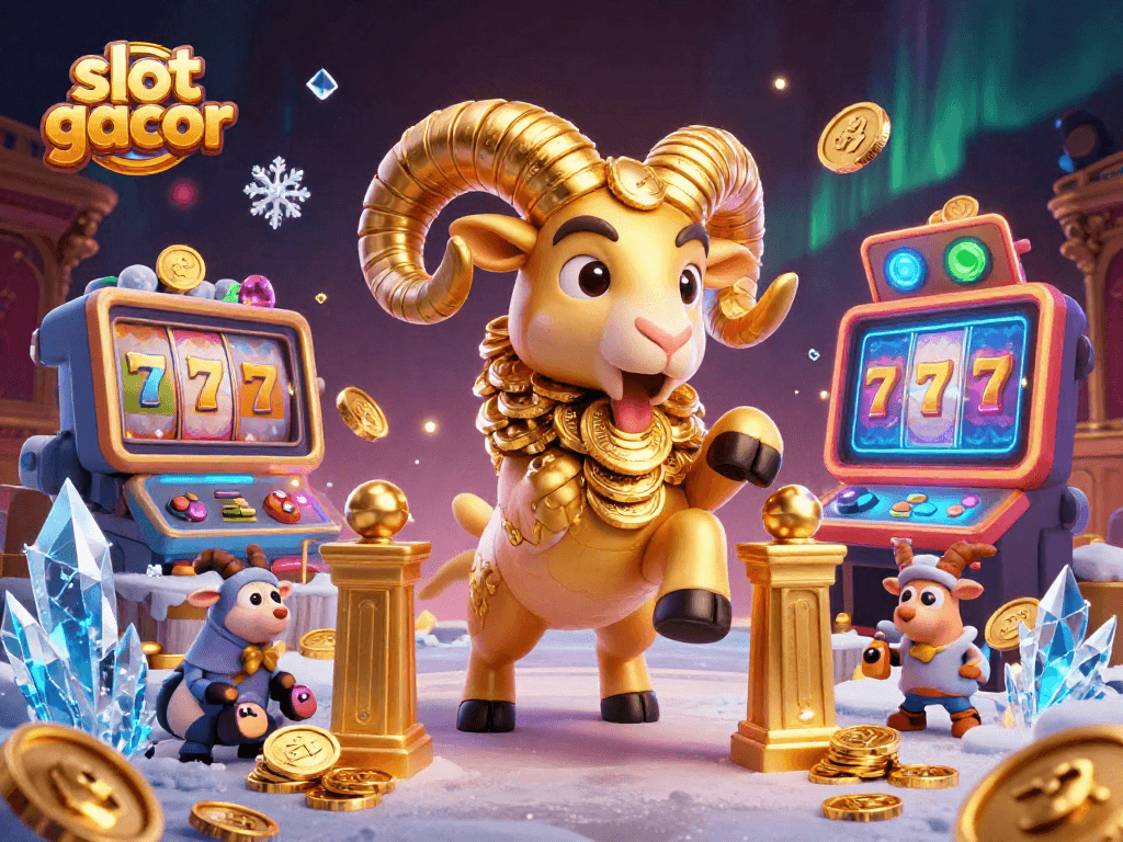 Slot gacor dengan domba emas berlari menuju gerbang, dikelilingi mesin slot berwarna-warni.