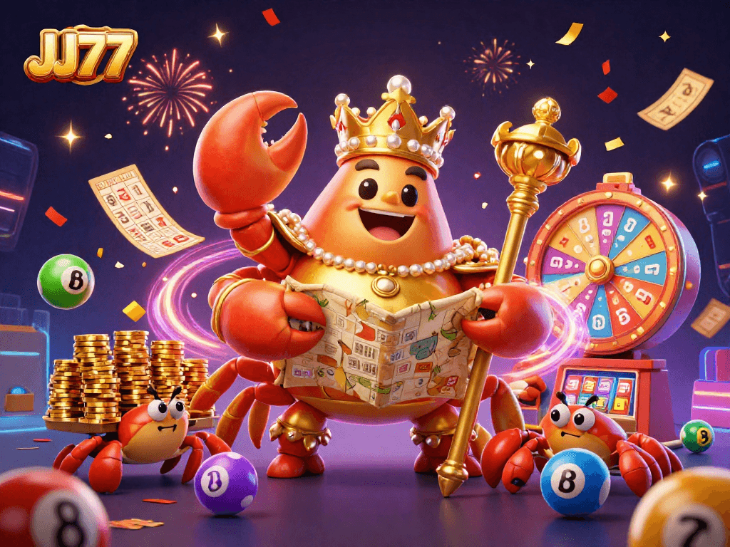 Engage with the exciting JJ77 lottery and bingo landscape, featuring a golden crab emperor amidst vibrant game elements.