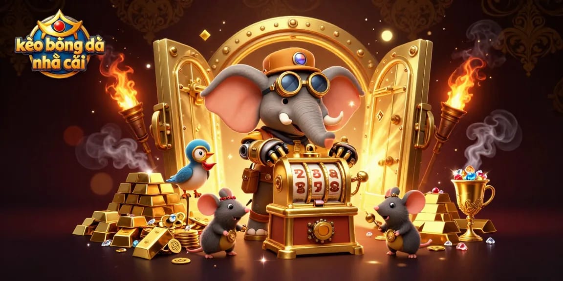 Explore thrilling betting experiences with kèo bóng đá nhà cái in a lavish steampunk scene filled with gold and gems.
