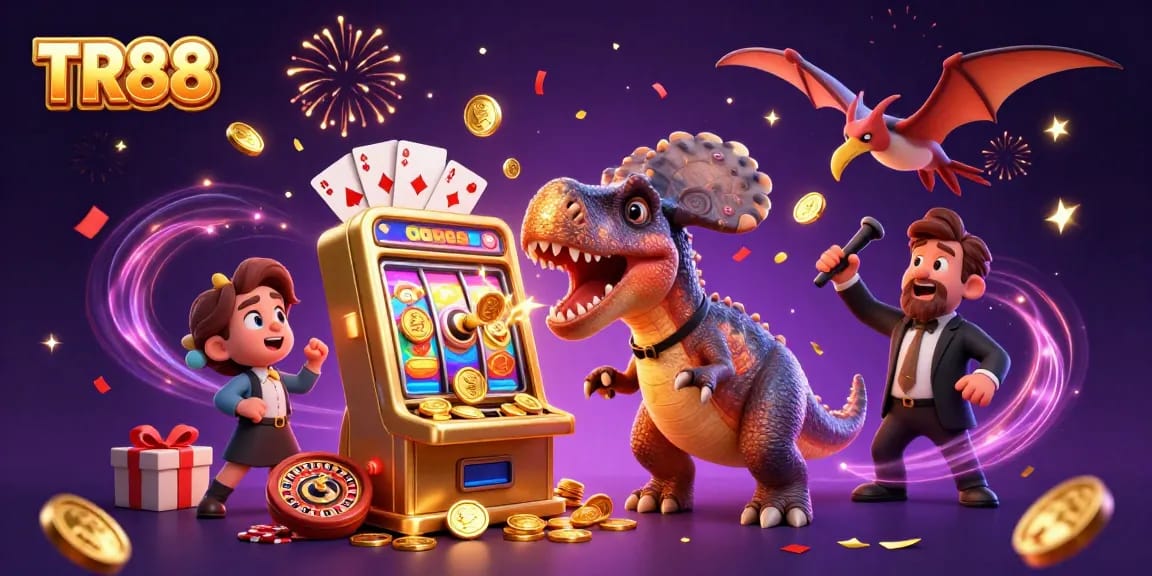 TR88 unleashes exhilarating casino excitement as a pachycephalosaurus wins jackpot coins from a golden slot machine.