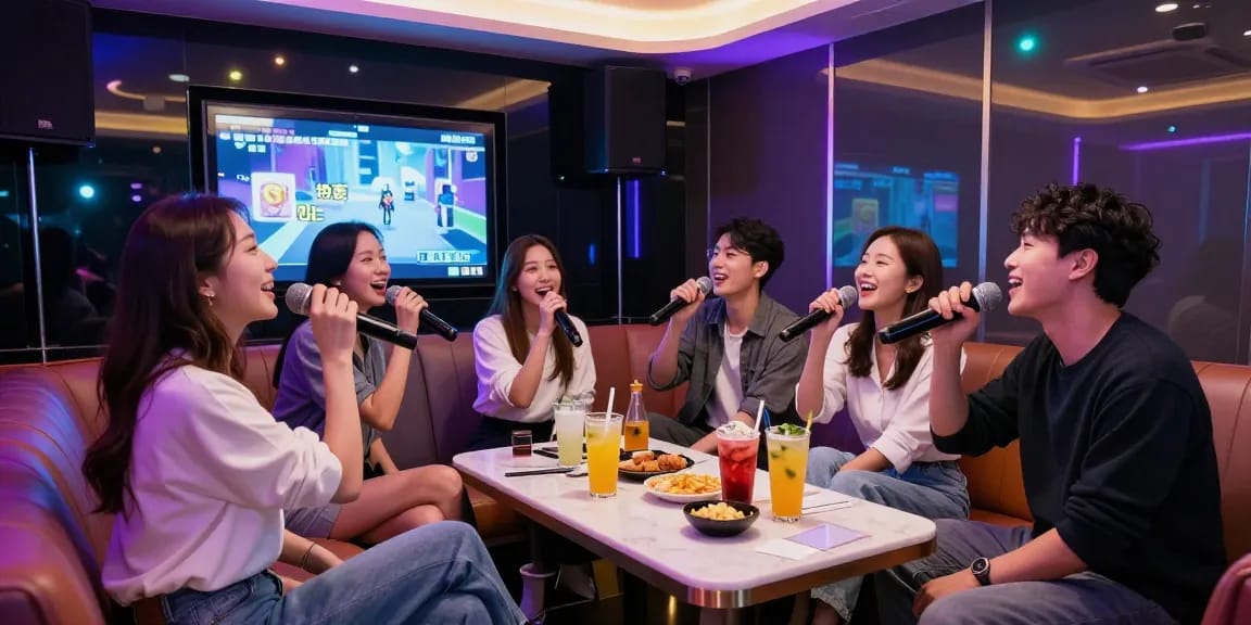 강남쩜오의 고급스러운 가라오케 라운지에서 친구들과 함께 즐거운 시간을 보내고 있는 모습