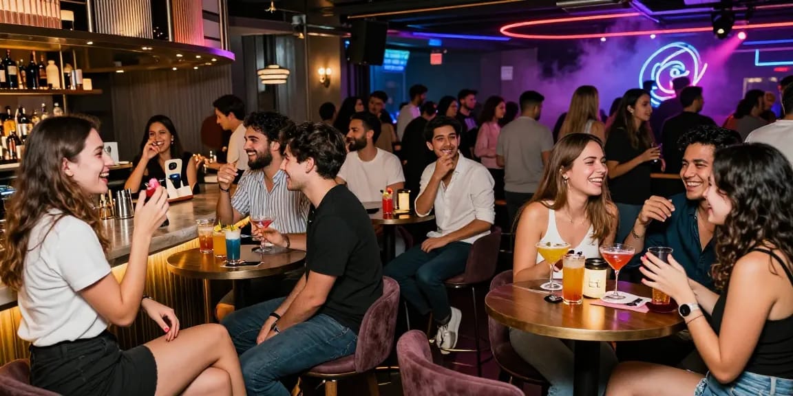 Exciting 유흥사이트 nightlife atmosphere with friends enjoying cocktails and vibrant decor.
