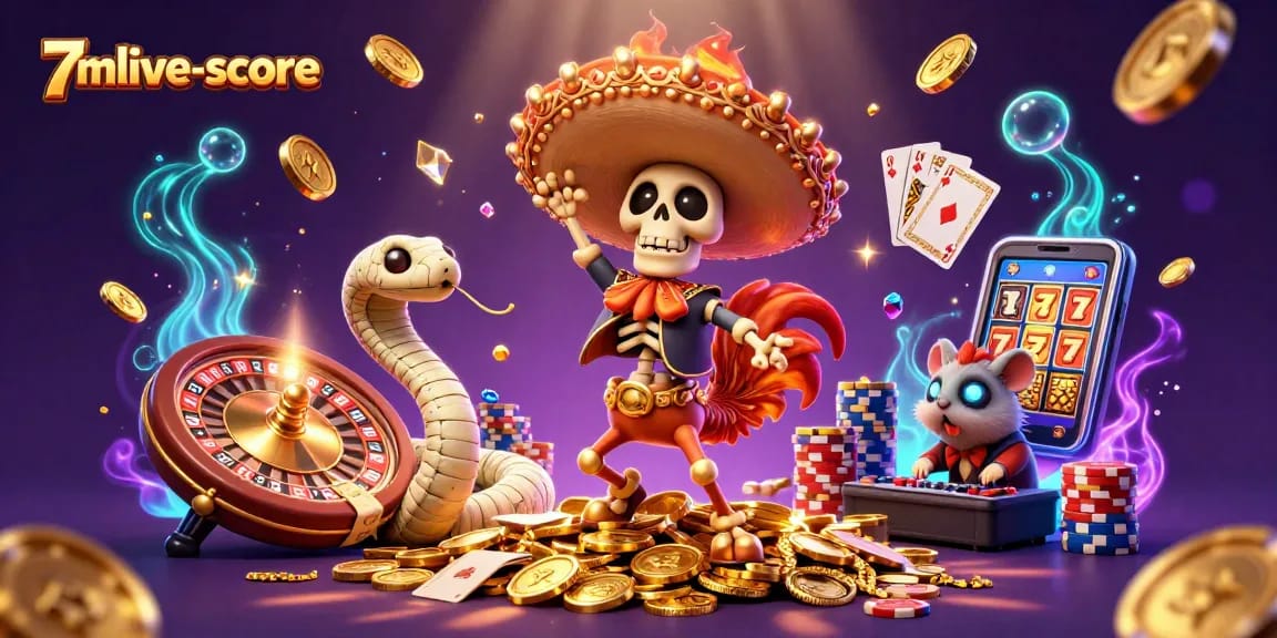 Engage with 7mlive-score through a vibrant 3D casino illustration showcasing a festive mariachi rooster surrounded by exciting gambling elements.