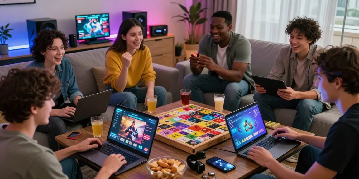 Players enjoying porngames on various devices in a lively living room.