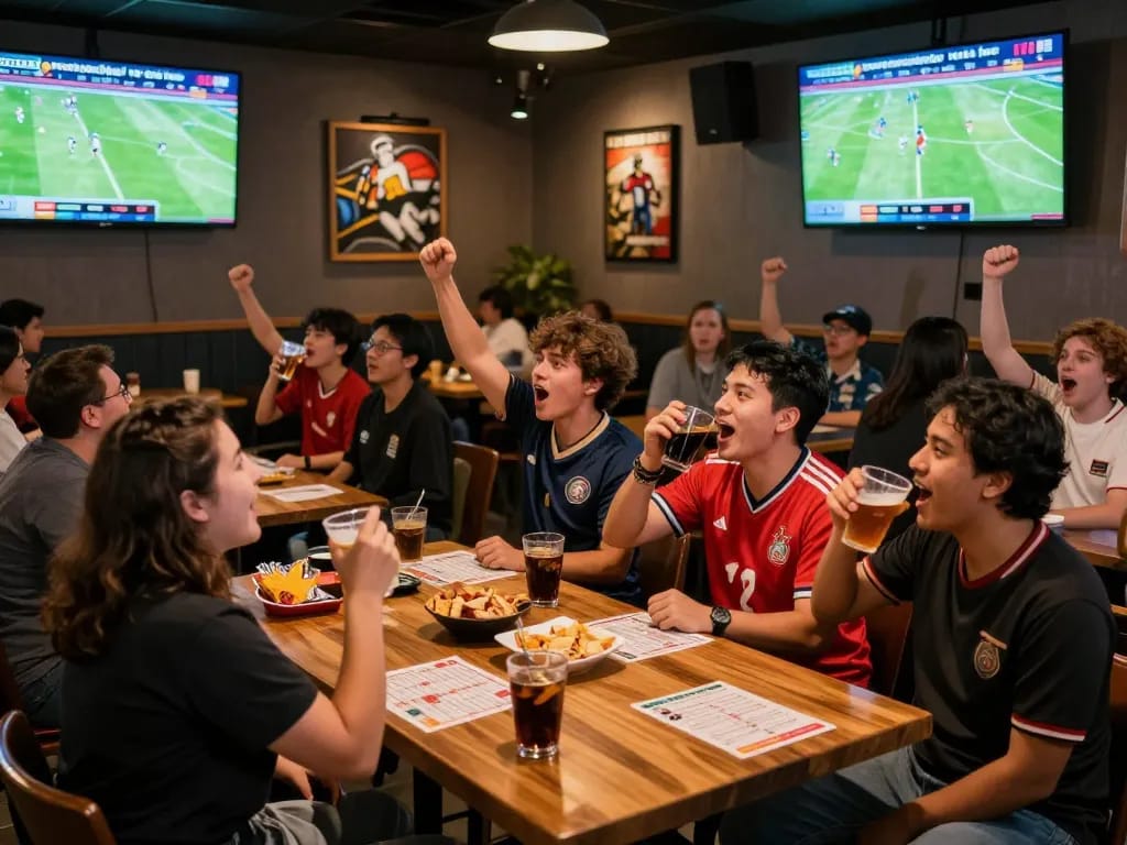Eager fans in a sports bar engaged in nonton bola ive, celebrating live scores and updates.