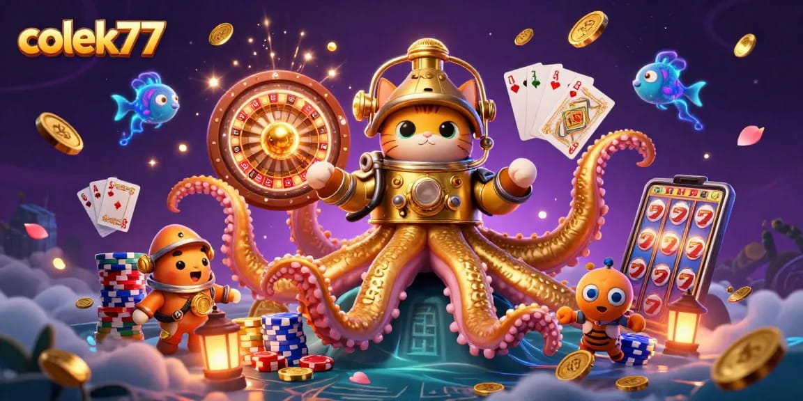 Experience thrilling games at colek77 with a dynamic scene featuring a colossal kraken, a diving cat, and casino elements.