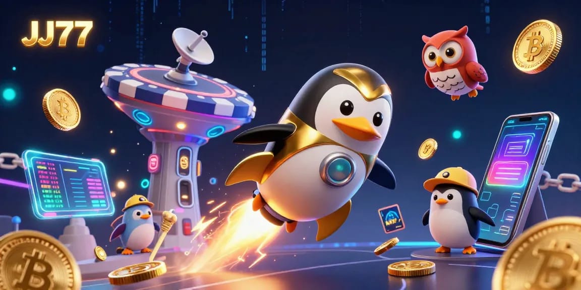 Join the JJ77 adventure with a golden penguin soaring towards a poker chip casino while collecting glowing coins.