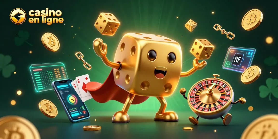 Jouer sur un casino en ligne avec un golem de dés dorés, des pièces de crypto et des lumières vives.