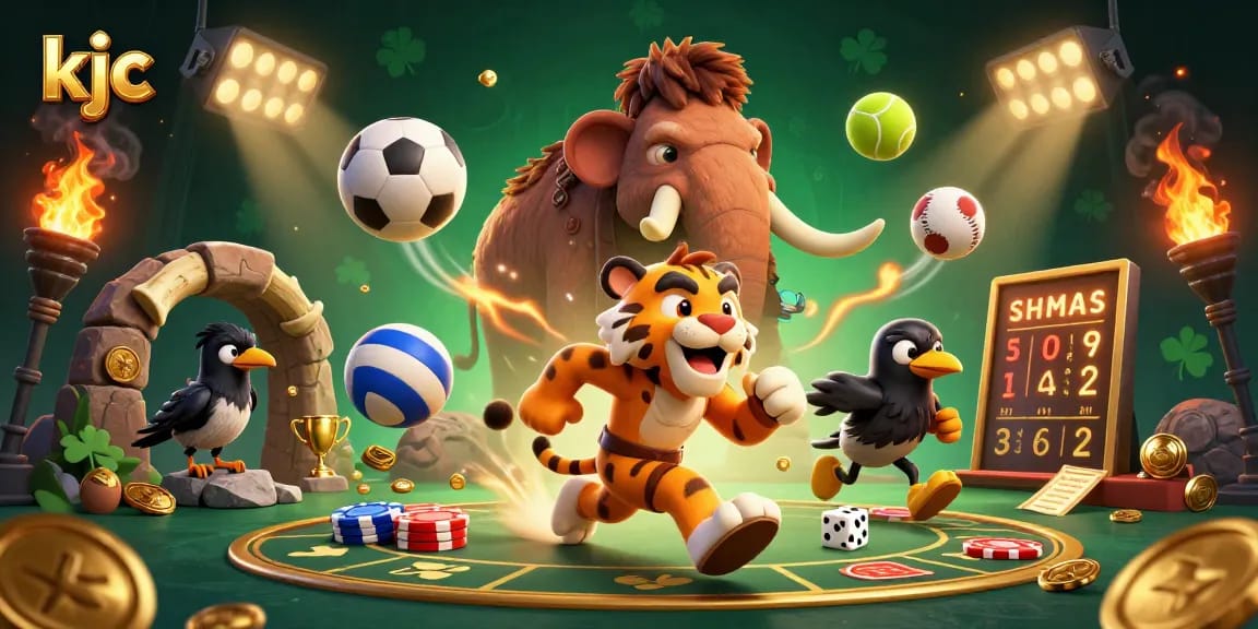 Experience the thrills at KJC online casino with engaging game elements like dynamic sports balls and vibrant gold coins.