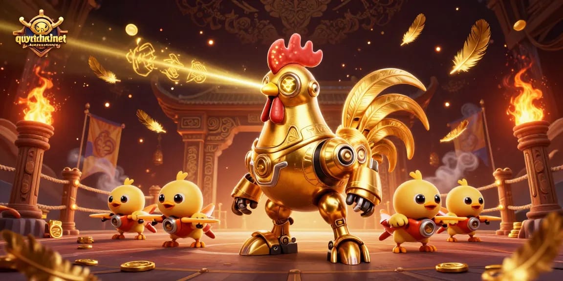 Engage in the action of quyetchientienthuong with a vibrant scene featuring a golden rooster robot and chick drones.