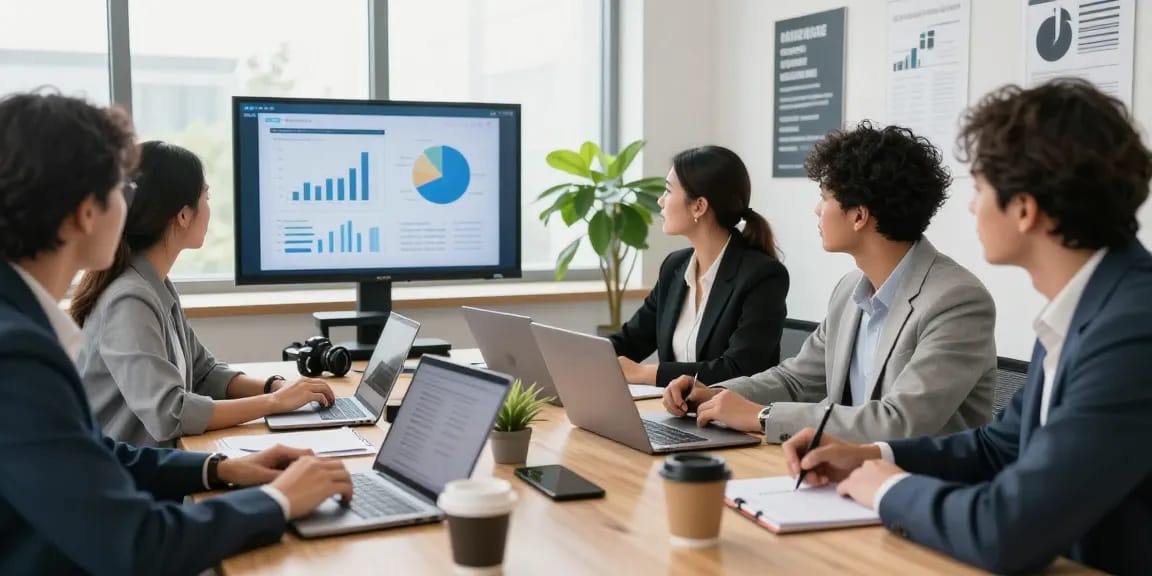 Team collaborating using cloud telephony solutions to enhance communication and productivity in a modern office setting.