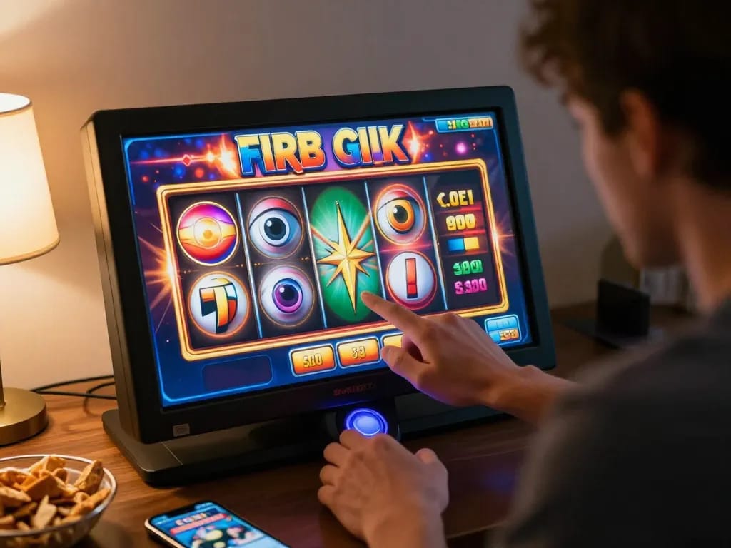 Player engaging with a slot game online, showcasing vibrant reels in action during a cozy home gaming session