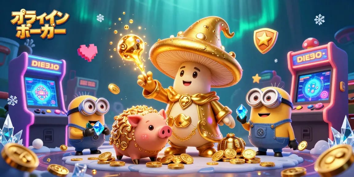オンラインポーカーで遊ぶための3Dキャラクターとゲーム要素が満載のイラスト