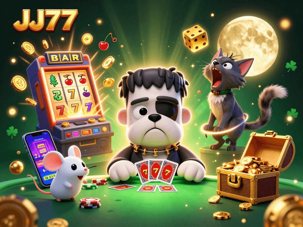 Play exciting casino games at JJ77 with a lively scene of characters and vibrant elements.
