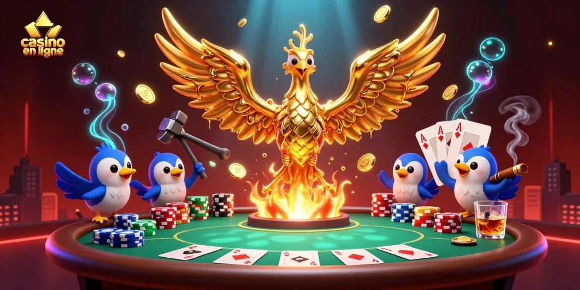 Découvrez le meilleur casino en ligne avec des éléments de poker captivants et un phoenix d'or symbolisant la victoire.