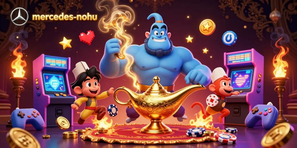 Experience the excitement of mercedes-nohu casino games with a genie and poker chips in a magical scene.