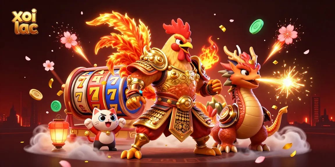 Xoi lac showcases a vibrant 3D scene with a powerful chicken warrior and a dragon hatchling in a casino setting, surrounded by slot reels.