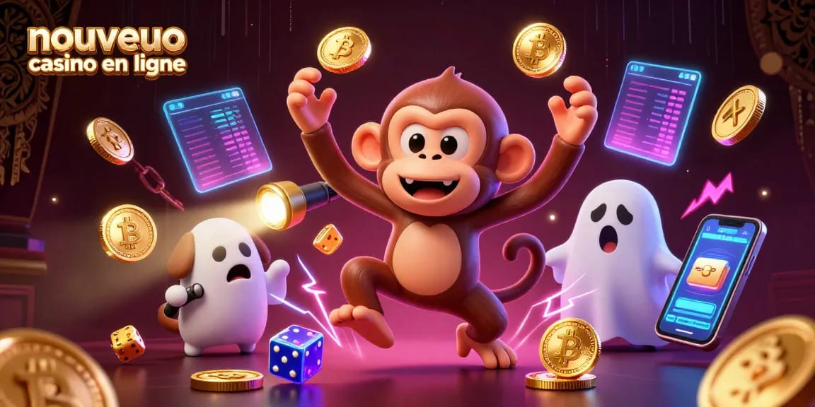 Découvrez un nouveau casino en ligne avec une illustration captivante d'un singe poltergeist et un chiot chasseur de fantômes.