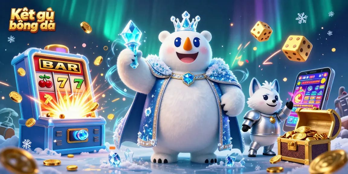 Kết quả bóng đá showcases intense action with a 3D polar bear king and snowy fox, exploding slots, and vibrant energy.