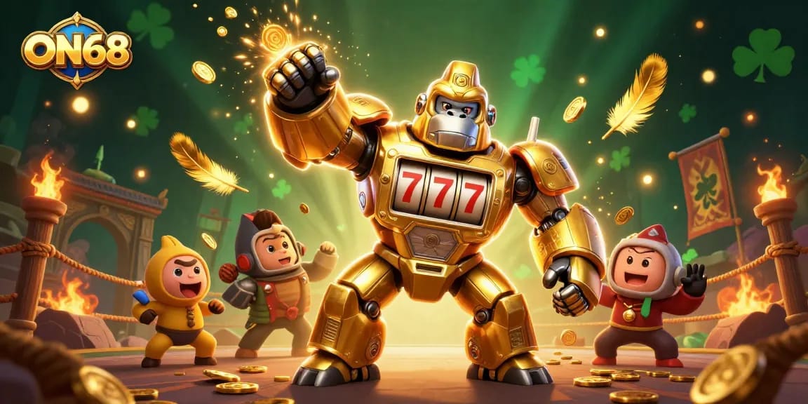 ON68 offers an exciting gaming experience featuring a dynamic golden gorilla mech with slot machine elements