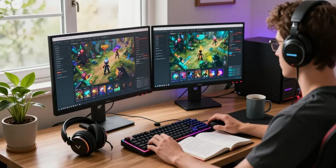 Focused gamer exploring the raja328 link while surrounded by modern gaming gear.
