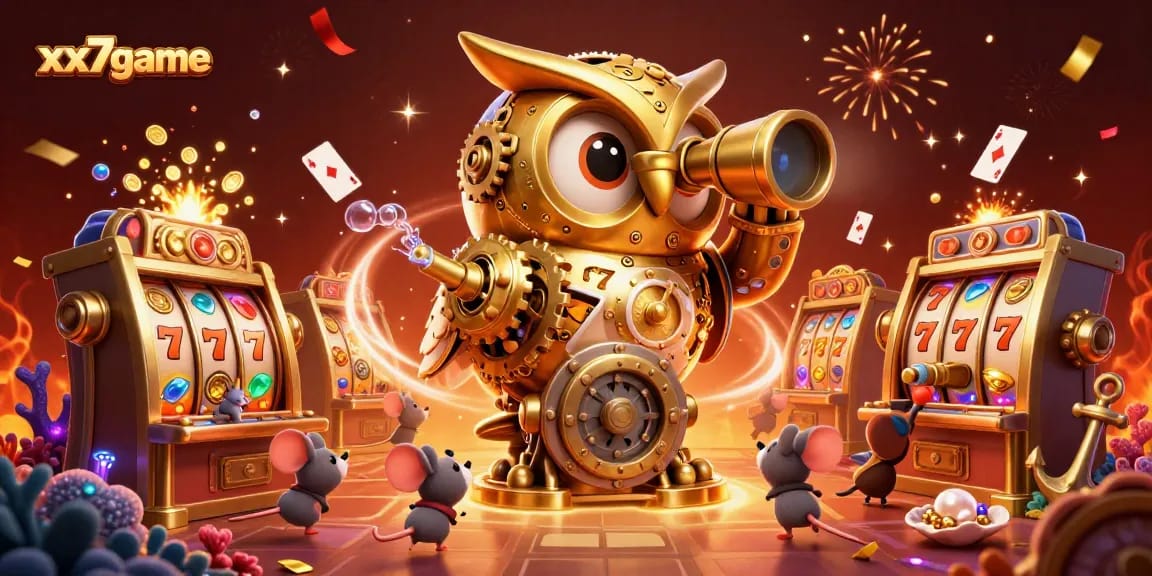 Experience thrilling gameplay with xx7game, featuring cartoon characters and casino elements in a vibrant scene.