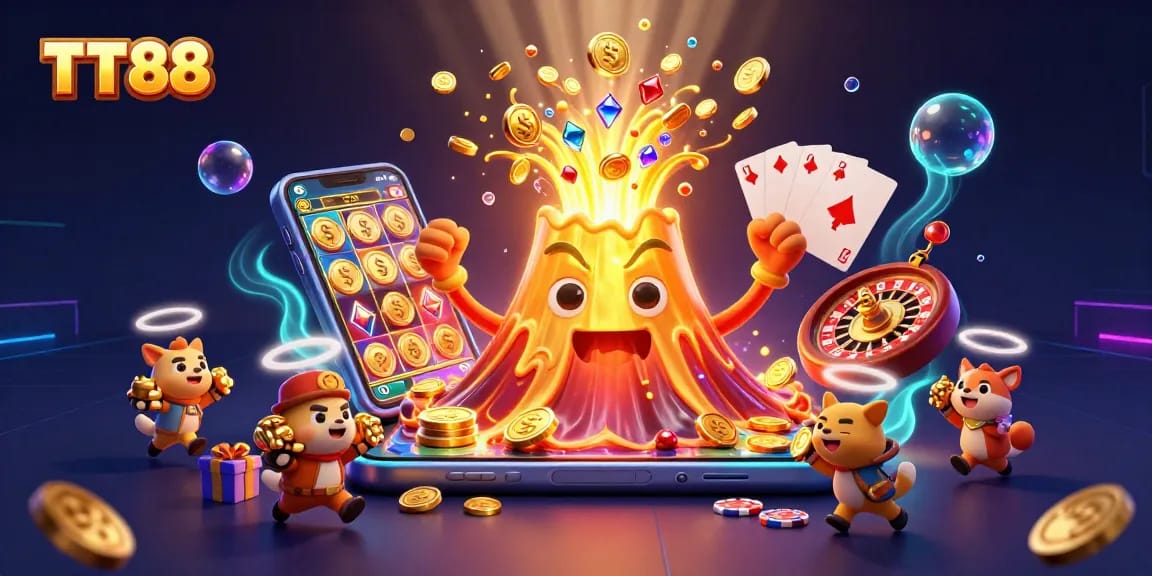 Experience the thrill of gaming at TT88 with vibrant slot reels and treasures erupting from a golden volcano.