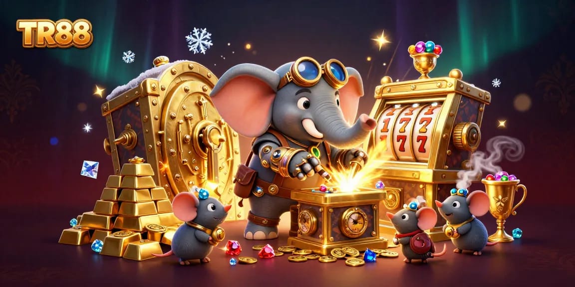 Experience ultimate gaming adventures with TR88's vibrant golden slot machine and steampunk characters.