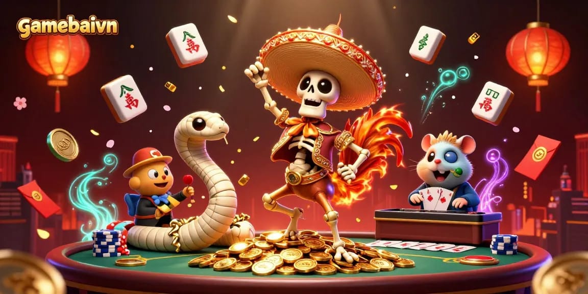 Engage in poker action at gamebaivn with a vibrant casino scene featuring a dancing mariachi rooster and lively elements.