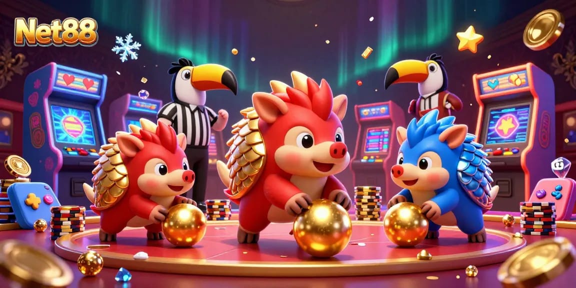 Engage with Net88 in a vibrant 3D casino scene featuring animated pangolins and arcade elements.