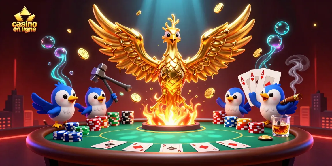Découvrez le meilleur casino en ligne avec des éléments de poker captivants et un phoenix d'or symbolisant la victoire.