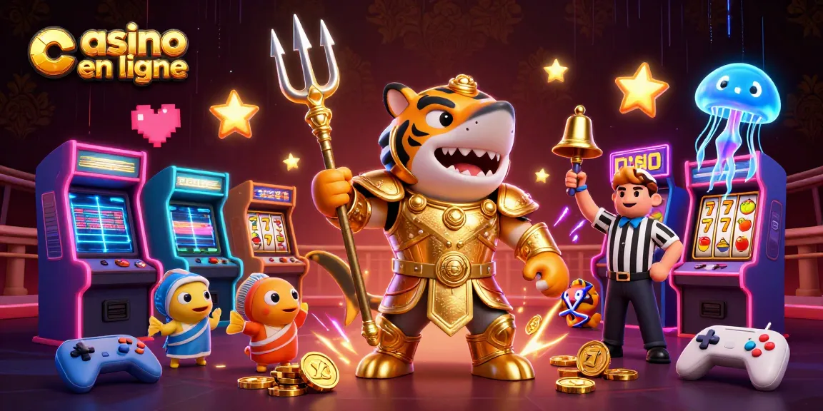 Casino en ligne : Illustration dynamique d'un requin tigre en armure, entouré de machines à sous colorées
