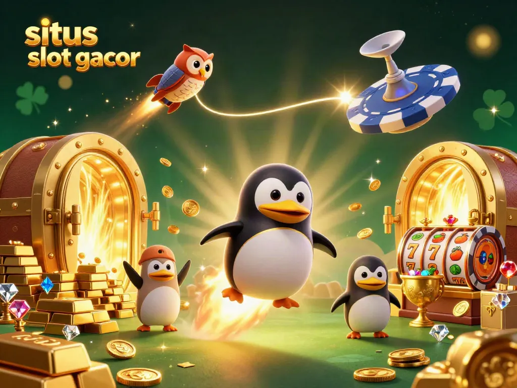 Experience exciting wins with situs slot gacor, featuring a golden penguin and casino elements in a vibrant illustration.
