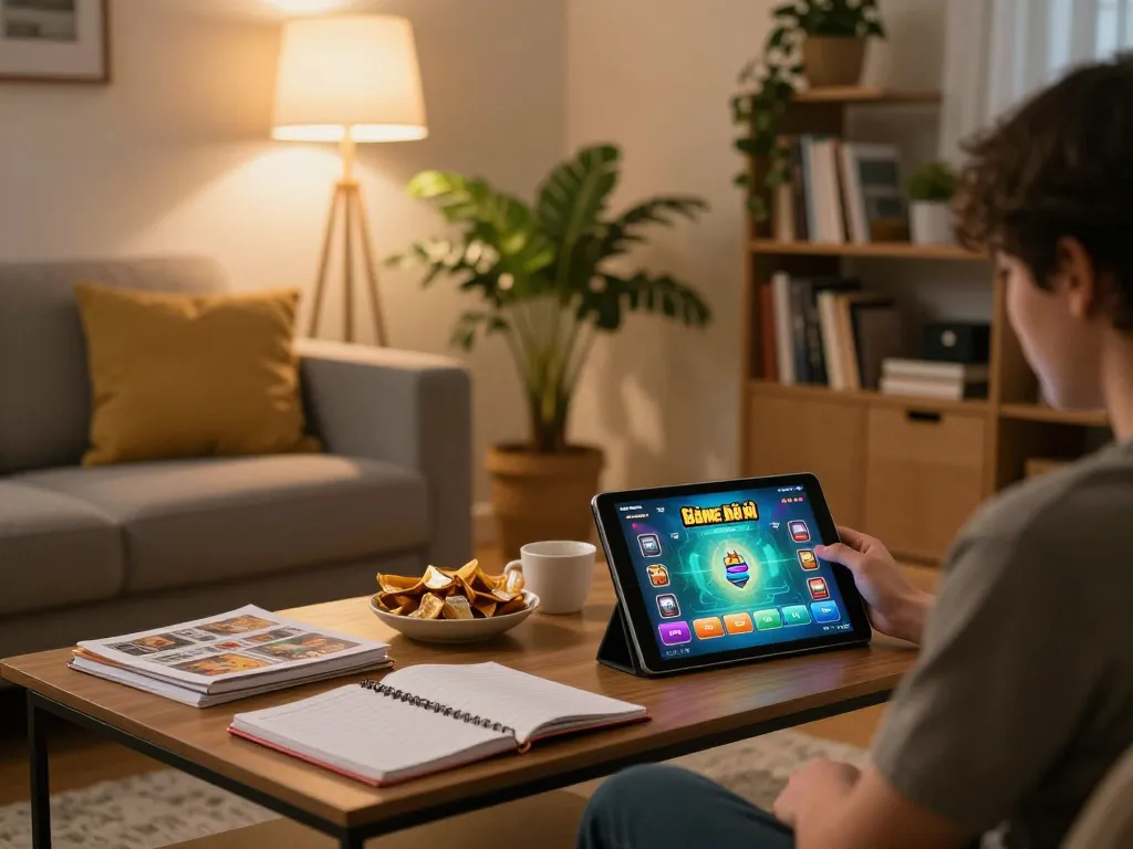 Engaging in Game bài nổ hũ on a tablet in a cozy home setting with strategy notes nearby.