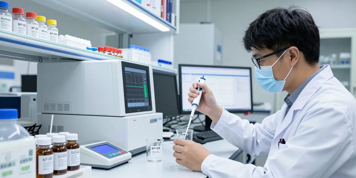 Research peptide synthesis with b7-33 for sale in a laboratory setting showcasing HPLC equipment and Certificates of Analysis.
