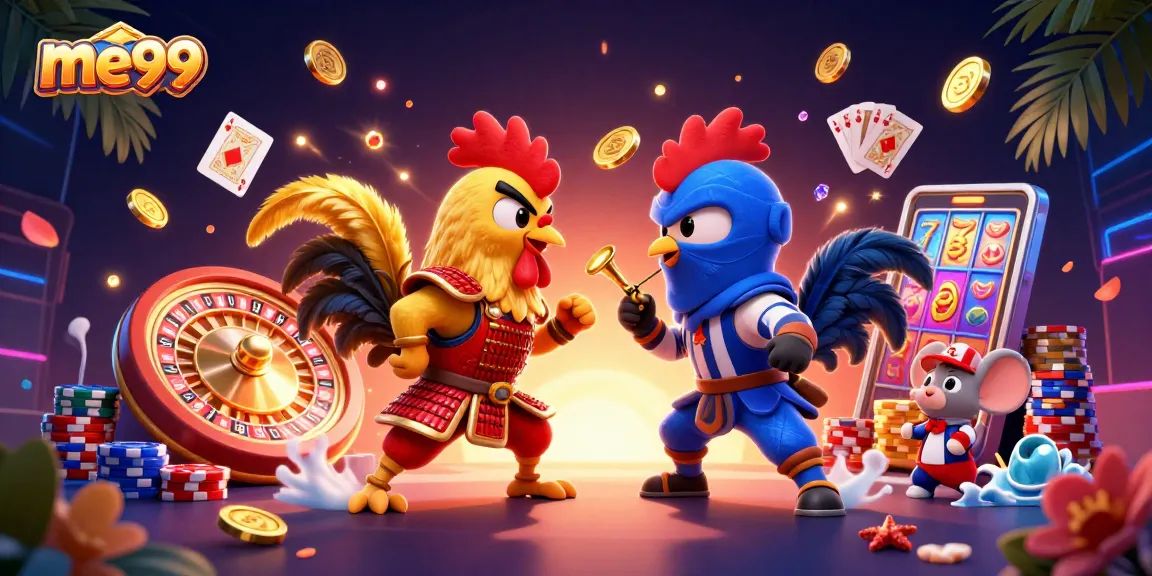 Experience thrilling battles at me99 with vibrant casino elements bursting around dynamic characters.