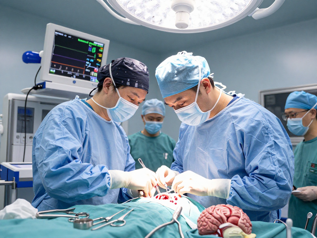Beyin tümörü ameliyatı being performed by a skilled neurosurgeon in a bright operating room with advanced surgical tools and monitors.