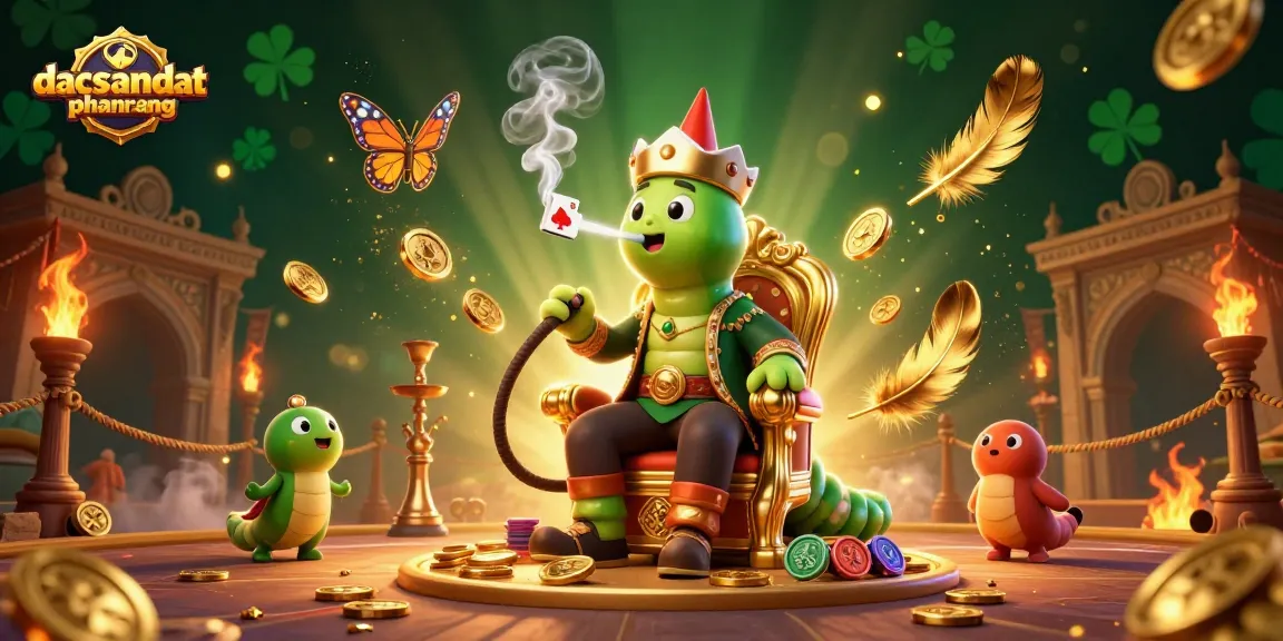 Bet big with dacsandatphanrang as a whimsical caterpillar mascot creates poker symbols amidst a vibrant casino backdrop.
