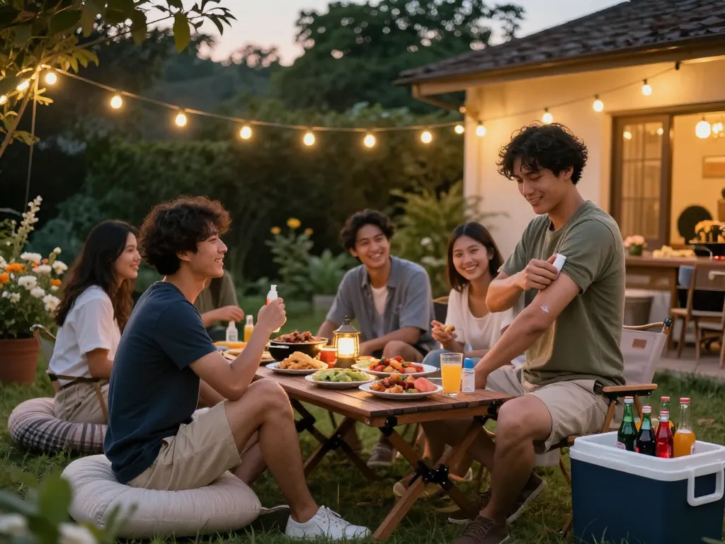 Friends enjoying barbecue while applying the Best Mosquito Repellent for a carefree evening outdoors.