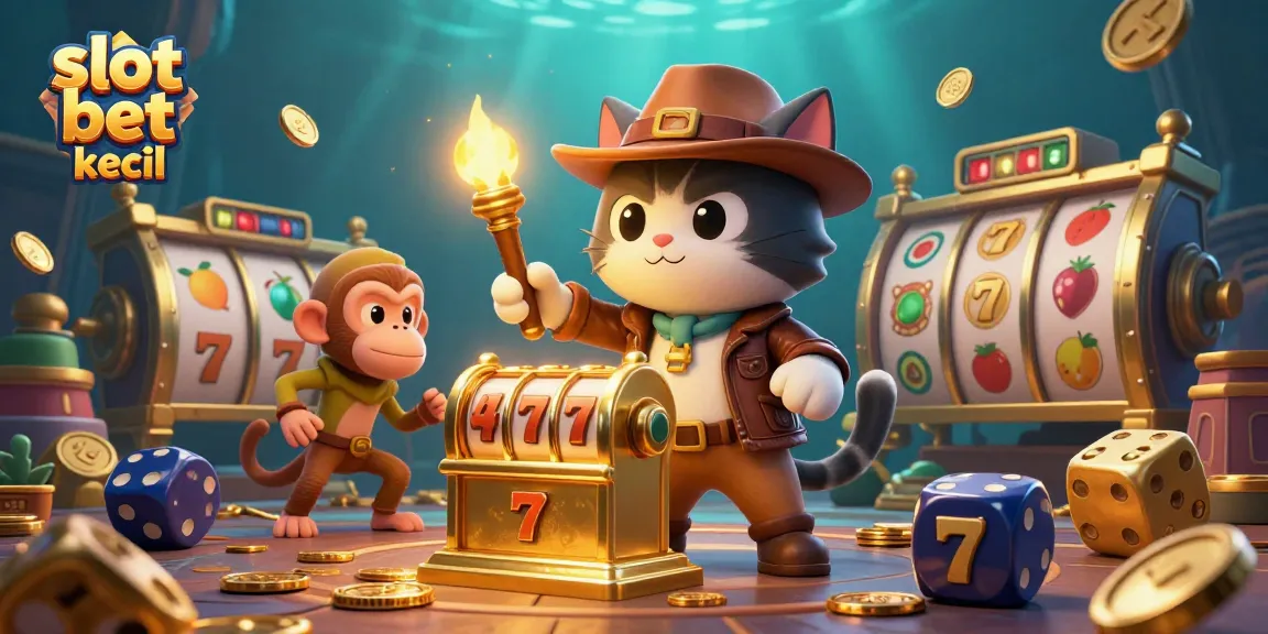Experience slot bet kecil with a playful cat explorer and monkey companion revealing a casino treasure.