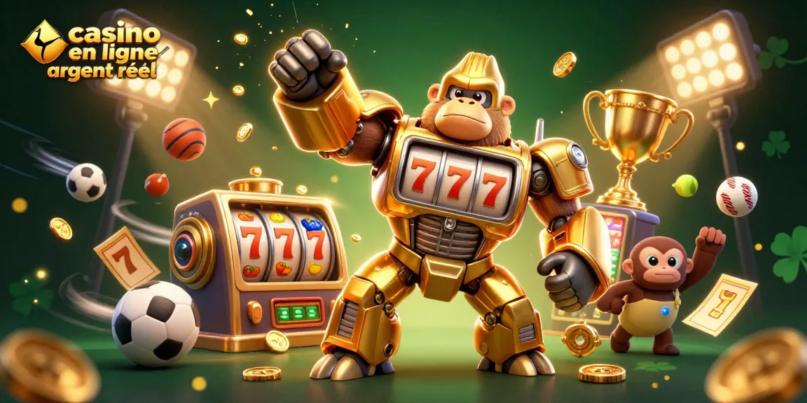 Les joueurs gagnent avec ce gorille mech doré au casino en ligne argent réel, entouré de pièces et de jeux.