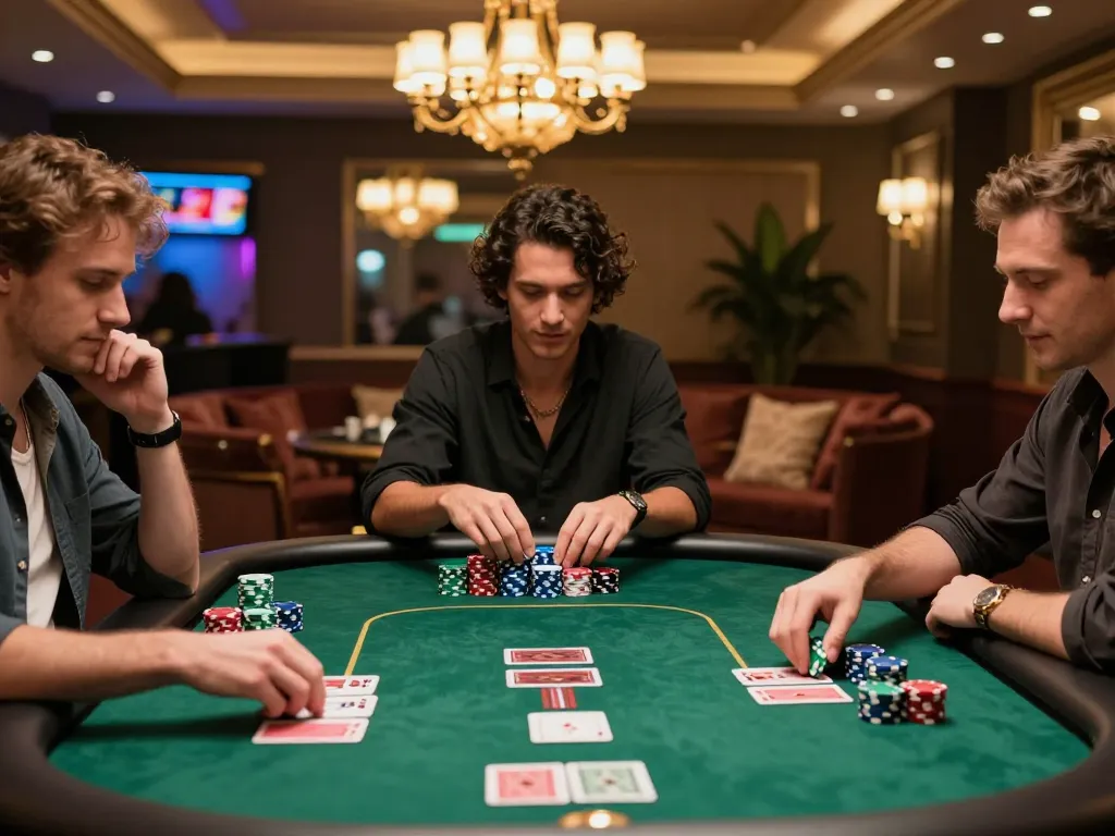 rokok88 players strategizing at an upscale poker table in an elegant gaming room setting