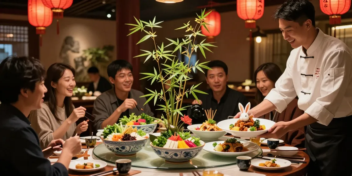 Delicious dining scene featuring 'Fortune Rabbit' dish in a vibrant restaurant setting, with colorful ingredients and joyful patrons.