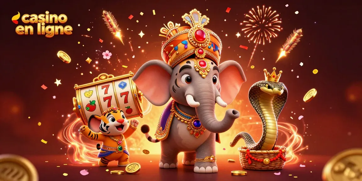 Visitez casino en ligne et profitez d'une scène festive avec un tigre maharaja et un éléphant, entourés de récompenses.